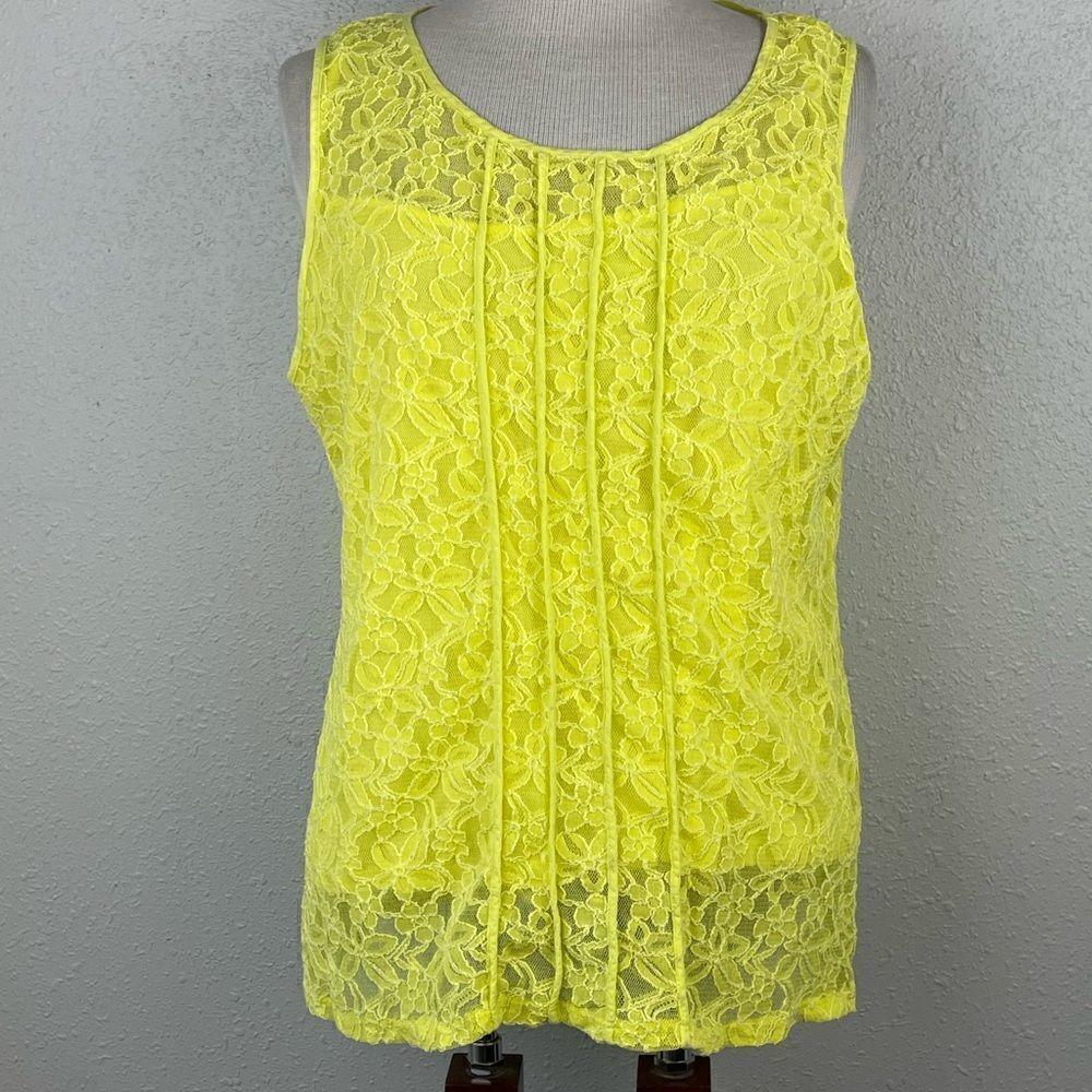 Pre-Owed Alfani Womens Yellow Floral Lace Two Piece Tank Top Blouse Set Size XL